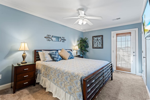 bedroom featuring access to exterior, ornamental molding, ceiling fan, and carpet flooring