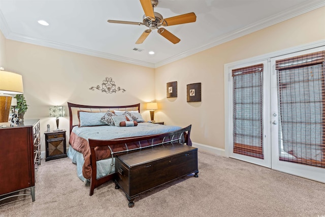 bedroom with light carpet, access to outside, ornamental molding, and ceiling fan