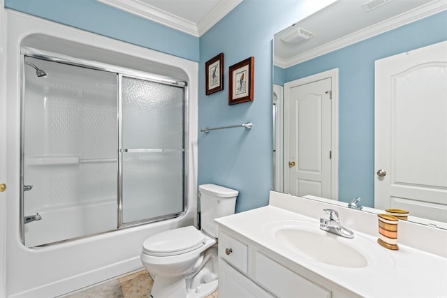 full bathroom with vanity, bath / shower combo with glass door, ornamental molding, and toilet