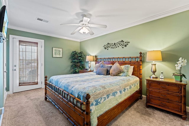 bedroom with crown molding, light carpet, access to exterior, and ceiling fan