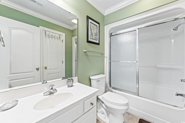 full bathroom featuring crown molding, vanity, shower / bath combination with glass door, and toilet