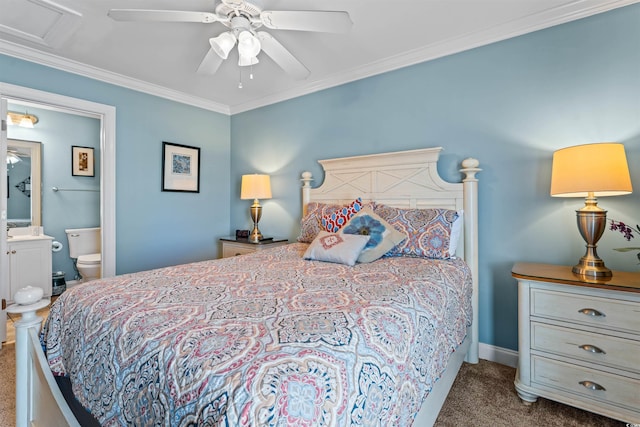 carpeted bedroom with crown molding, ceiling fan, and ensuite bath