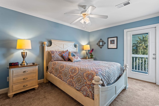 bedroom with crown molding, access to outside, ceiling fan, and carpet