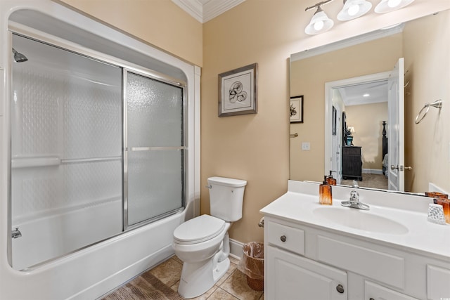 full bathroom with bath / shower combo with glass door, ornamental molding, vanity, toilet, and tile patterned floors