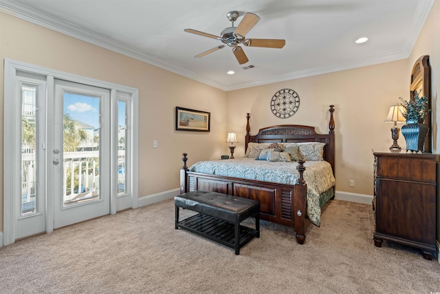 bedroom with ceiling fan, light colored carpet, ornamental molding, and access to exterior