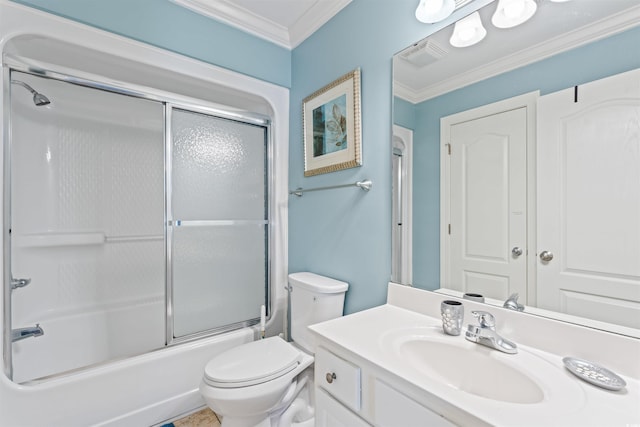 full bathroom featuring ornamental molding, toilet, combined bath / shower with glass door, and vanity