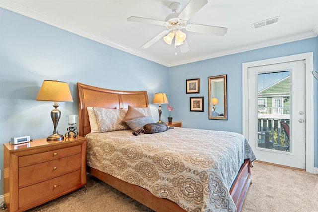 bedroom featuring ornamental molding, light colored carpet, access to exterior, and ceiling fan