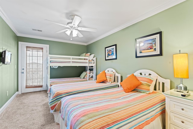 carpeted bedroom featuring crown molding, ceiling fan, and access to exterior