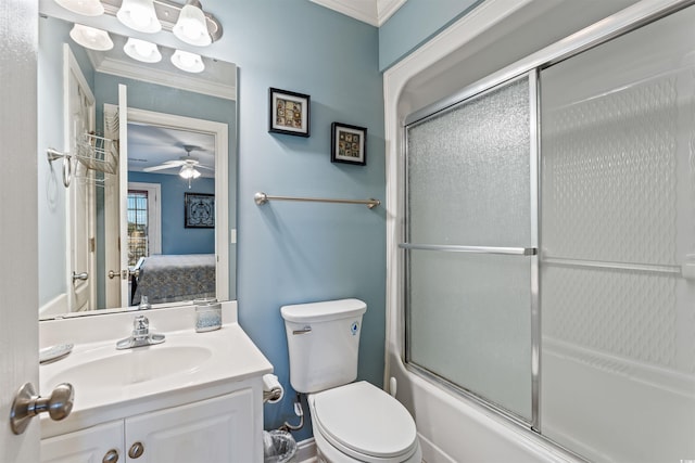 full bathroom with vanity, ornamental molding, shower / bath combination with glass door, and toilet