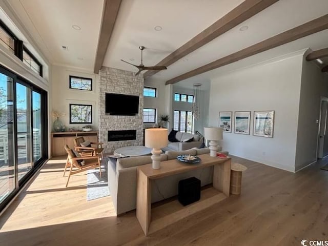 living room with wood-type flooring, a stone fireplace, a healthy amount of sunlight, and beam ceiling