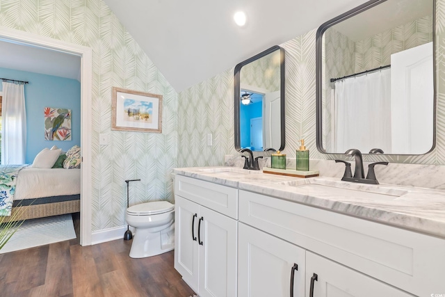 bathroom with vanity, toilet, and hardwood / wood-style floors