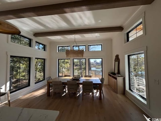 429 Harbour View Dr, Myrtle Beach, SC 29579 - dining room featuring beam ceiling, dark wood-style flooring, and a towering ceiling