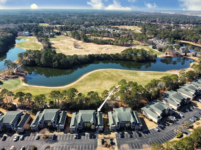 bird's eye view with a water view