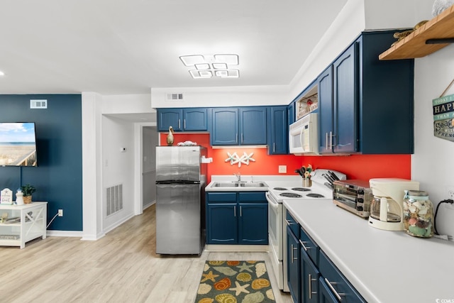 kitchen with blue cabinetry, sink, white appliances, and light hardwood / wood-style flooring