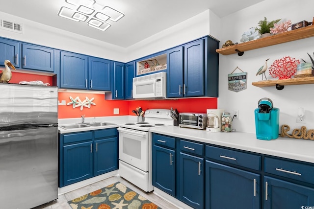 kitchen featuring sink, white appliances, and blue cabinetry