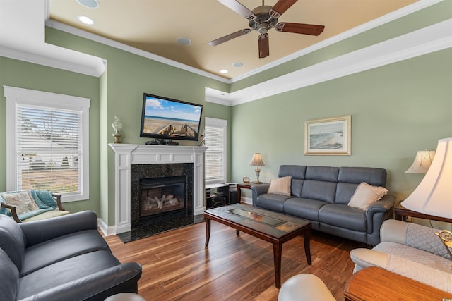 living room with crown molding, a premium fireplace, ceiling fan, a tray ceiling, and wood-type flooring