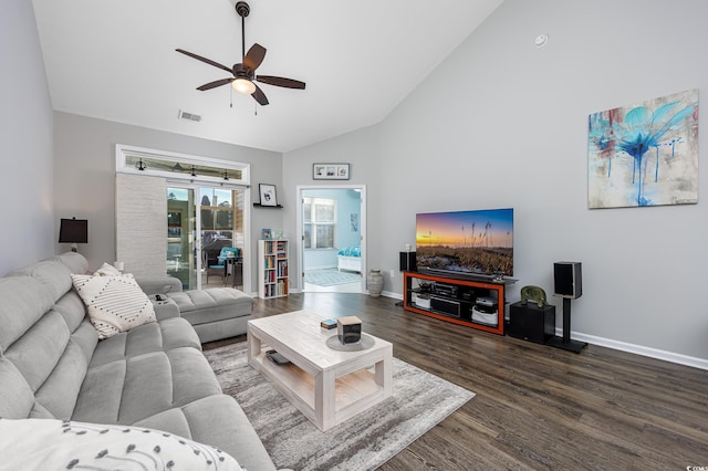 living room with high vaulted ceiling, dark wood-type flooring, and ceiling fan