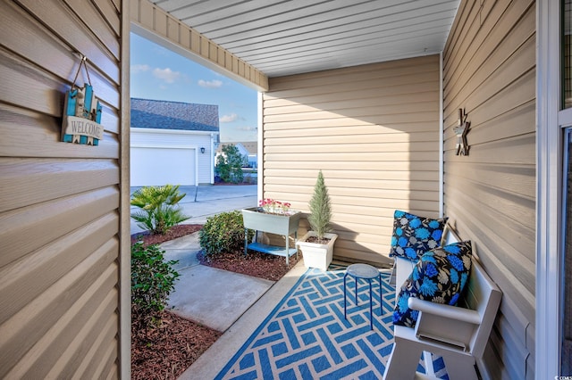 view of patio with a garage