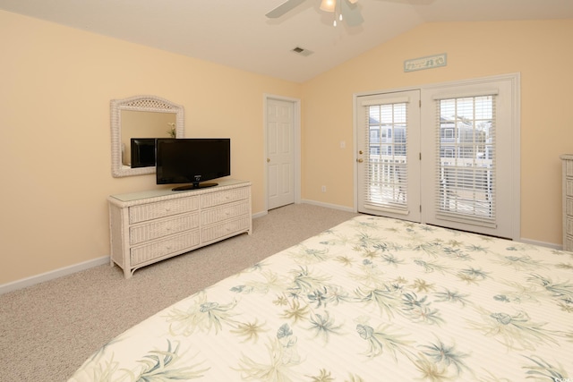 bedroom with lofted ceiling, visible vents, light carpet, access to outside, and baseboards