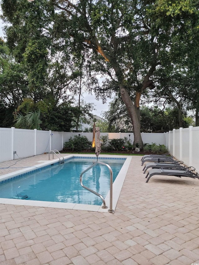 view of pool featuring a fenced backyard, a fenced in pool, and a patio