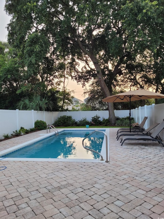 view of swimming pool featuring a fenced backyard, a fenced in pool, and a patio