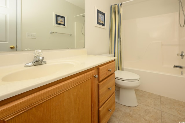 bathroom with toilet, tile patterned floors, shower / bath combo with shower curtain, and vanity