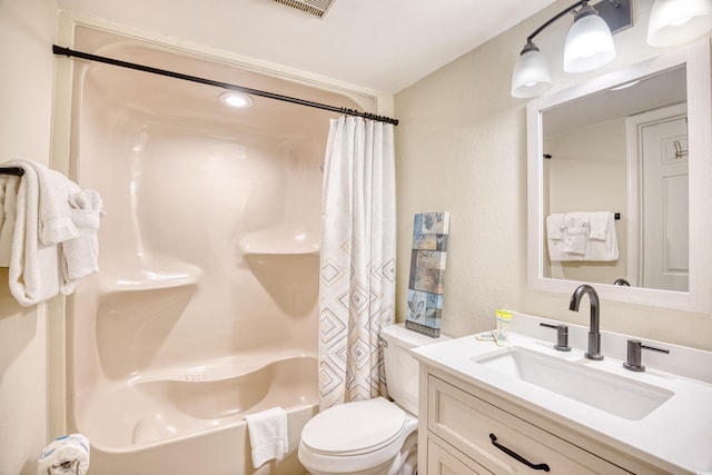 full bathroom with vanity, shower / bathtub combination with curtain, and toilet