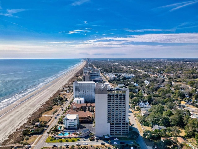 aerial view with a water view and a beach view