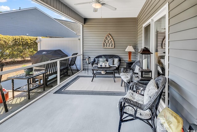 view of patio / terrace with ceiling fan and area for grilling