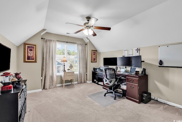 carpeted office with ceiling fan and lofted ceiling