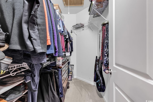 walk in closet with light colored carpet