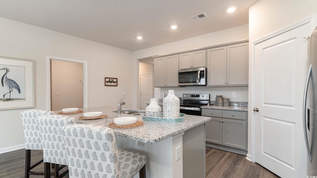 kitchen with gray cabinets, an island with sink, appliances with stainless steel finishes, and sink