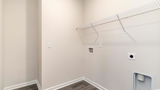 washroom featuring hookup for an electric dryer, dark wood-type flooring, and washer hookup