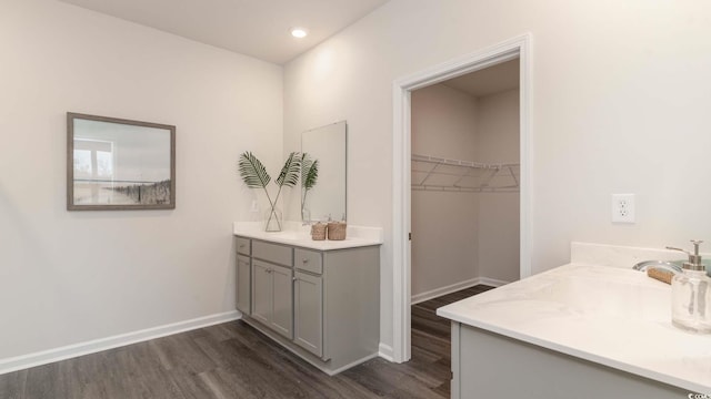 bathroom with vanity and hardwood / wood-style floors