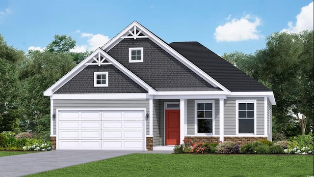 craftsman-style house with brick siding, a garage, concrete driveway, and a front lawn