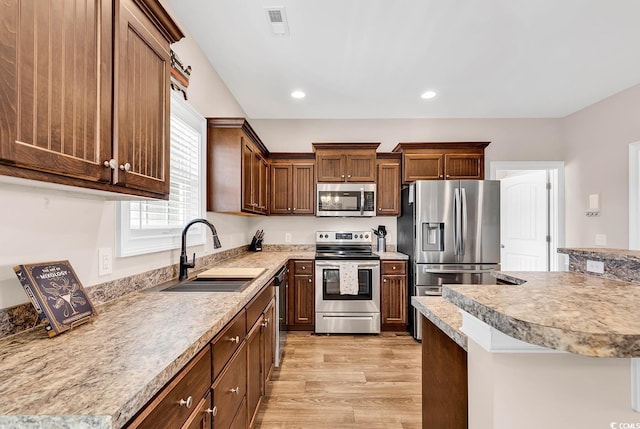 kitchen featuring stainless steel appliances, sink, and light wood-type flooring