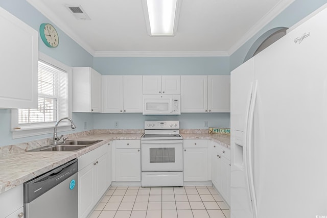 kitchen with white cabinetry, sink, white appliances, and ornamental molding