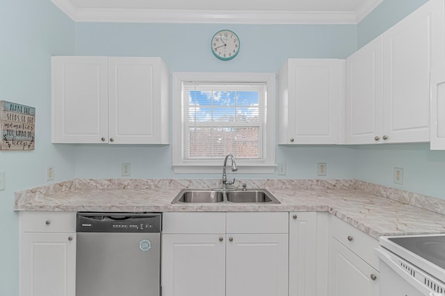 kitchen featuring white cabinetry, sink, ornamental molding, and dishwasher