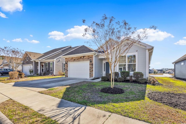 ranch-style home with a garage and a front lawn