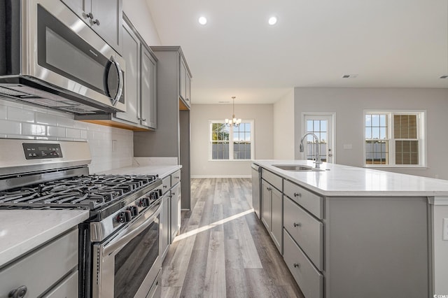 kitchen featuring sink, gray cabinets, an island with sink, stainless steel appliances, and backsplash