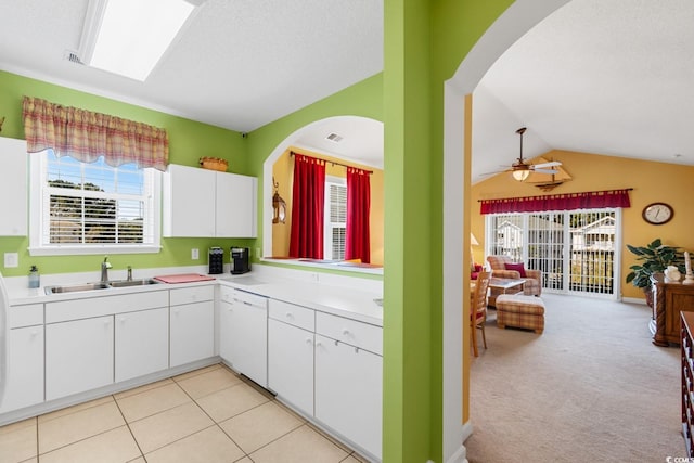 kitchen with a sink, lofted ceiling with skylight, dishwasher, and a healthy amount of sunlight