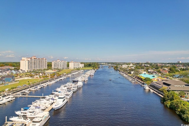 bird's eye view with a water view and a view of city