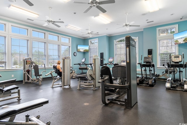 workout area with baseboards, plenty of natural light, visible vents, and ornamental molding