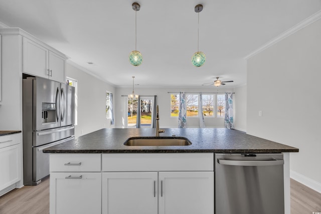 kitchen featuring white cabinets, a center island with sink, appliances with stainless steel finishes, and sink