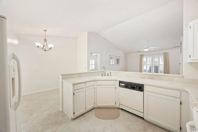 kitchen featuring sink, hanging light fixtures, dishwasher, kitchen peninsula, and white cabinets