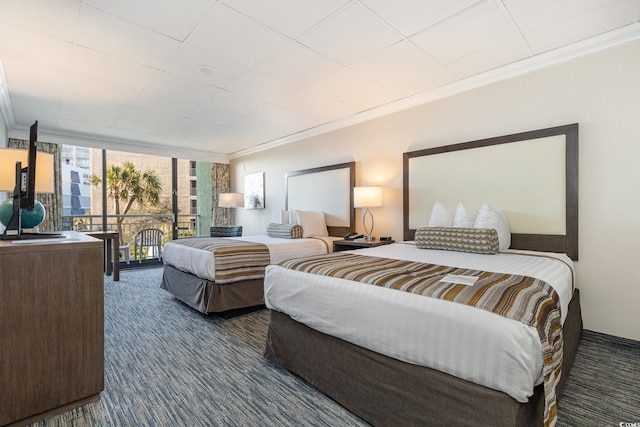 1105 S Ocean Blvd Unit 252, Myrtle Beach, SC 29577 - bedroom featuring carpet floors, ornamental molding, access to outside, and floor to ceiling windows