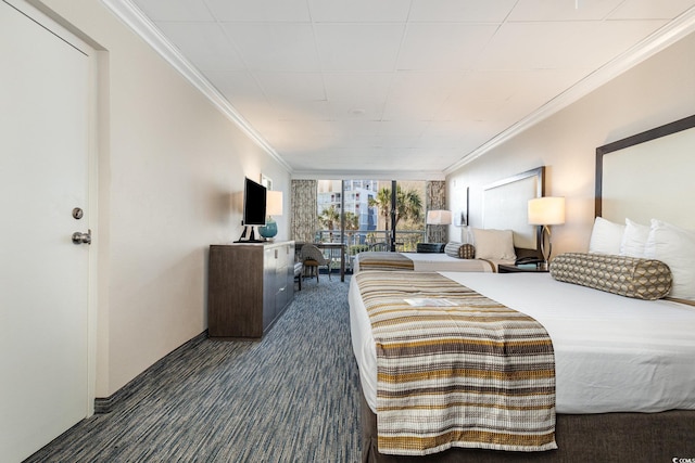 1105 S Ocean Blvd Unit 252, Myrtle Beach, SC 29577 - carpeted bedroom featuring a wall of windows, ornamental molding, and baseboards
