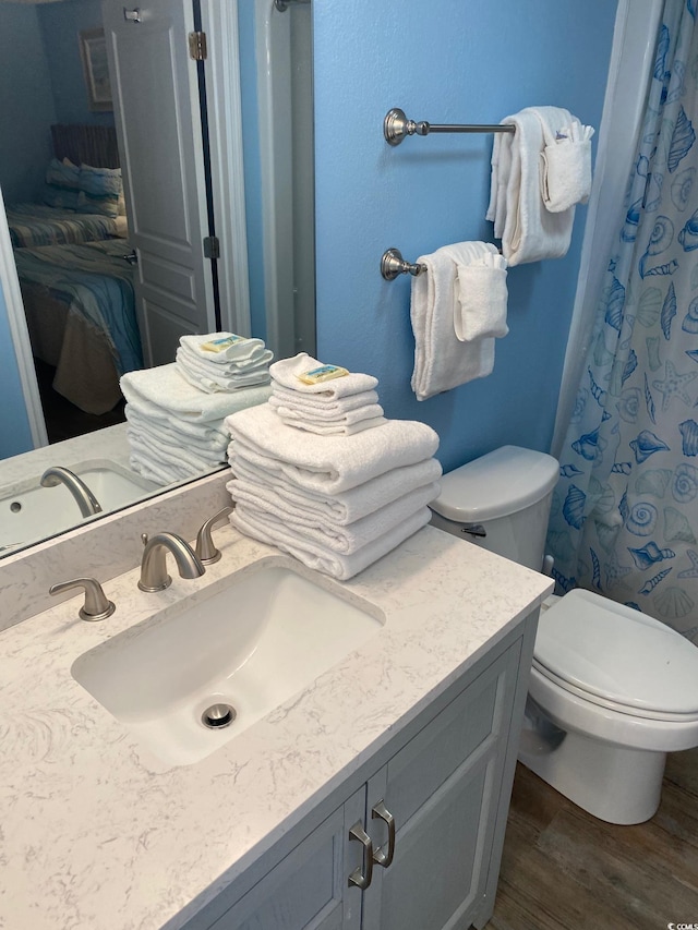 bathroom with vanity, wood-type flooring, and toilet