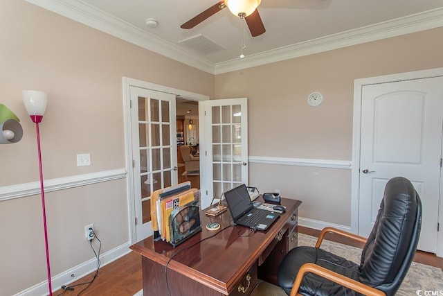 office area with french doors, ceiling fan, crown molding, and hardwood / wood-style flooring