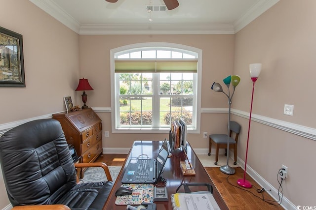 office featuring wood-type flooring, ornamental molding, and ceiling fan